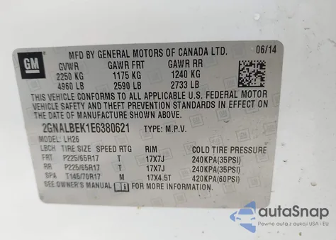 2014 Chevrolet Equinox 1Lt from USA, damaged, VIN 2GNALBEK1E6380621